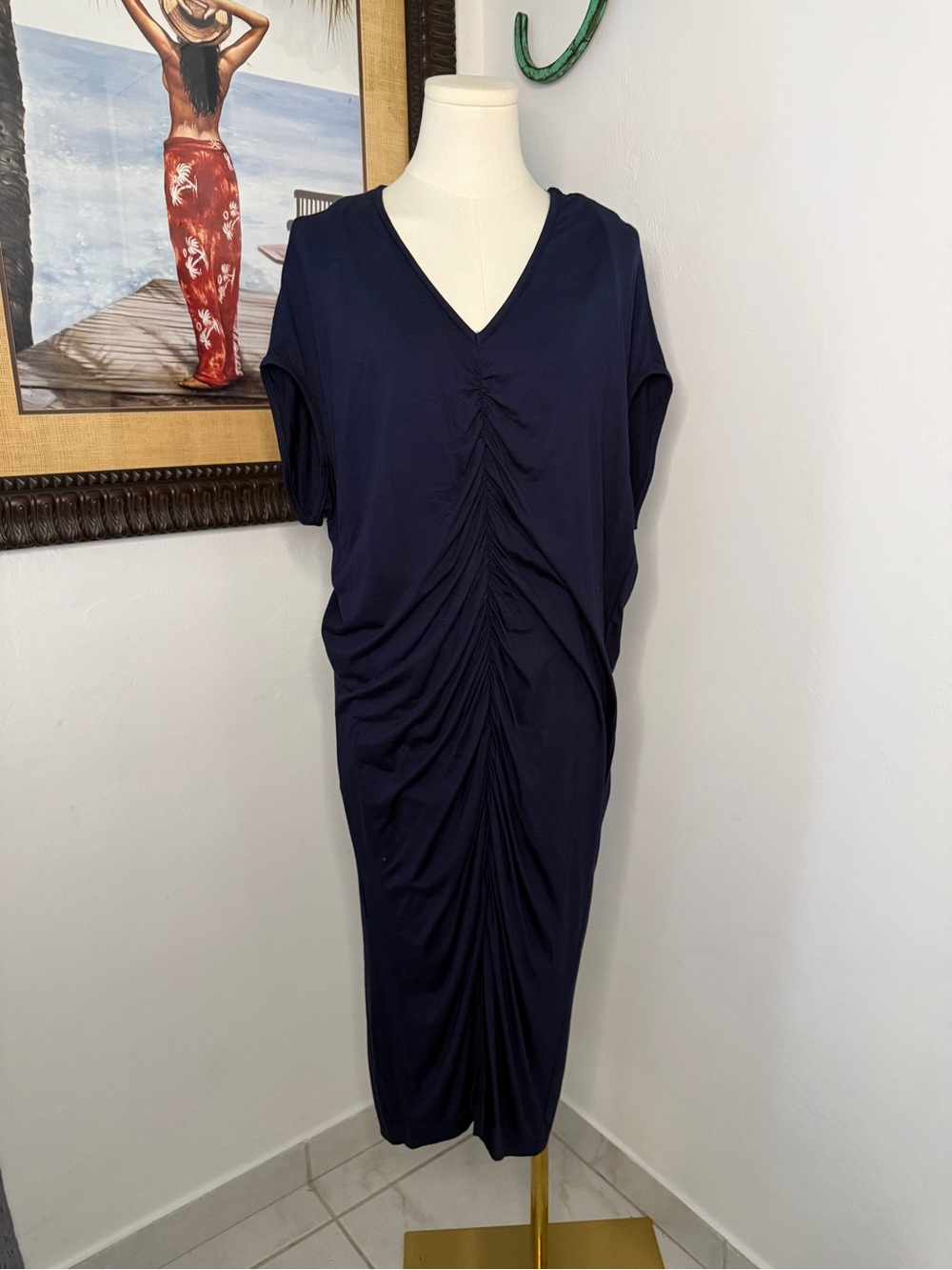 Trina Turk Navy V-Neck Ruched Midi Dress
